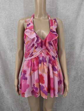 Boston Proper Pink Flowy Ruffle Trim Pleated Halter Top Blouse Fairycore